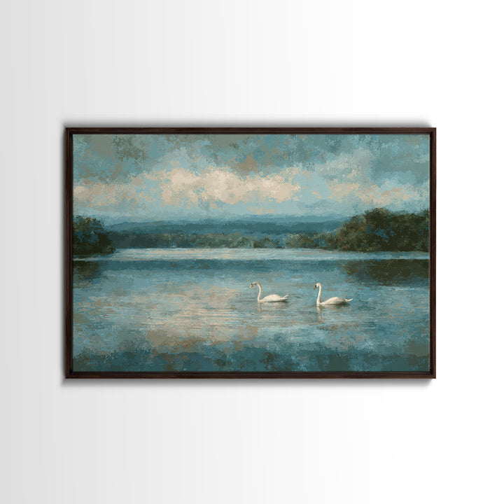 Paired Swans in a Dreamy Painterly Lake Framed Canvas Print, Above Bed Art, Living Room Decor, Bedroom Decor, Serenity, ABA-3x2-74