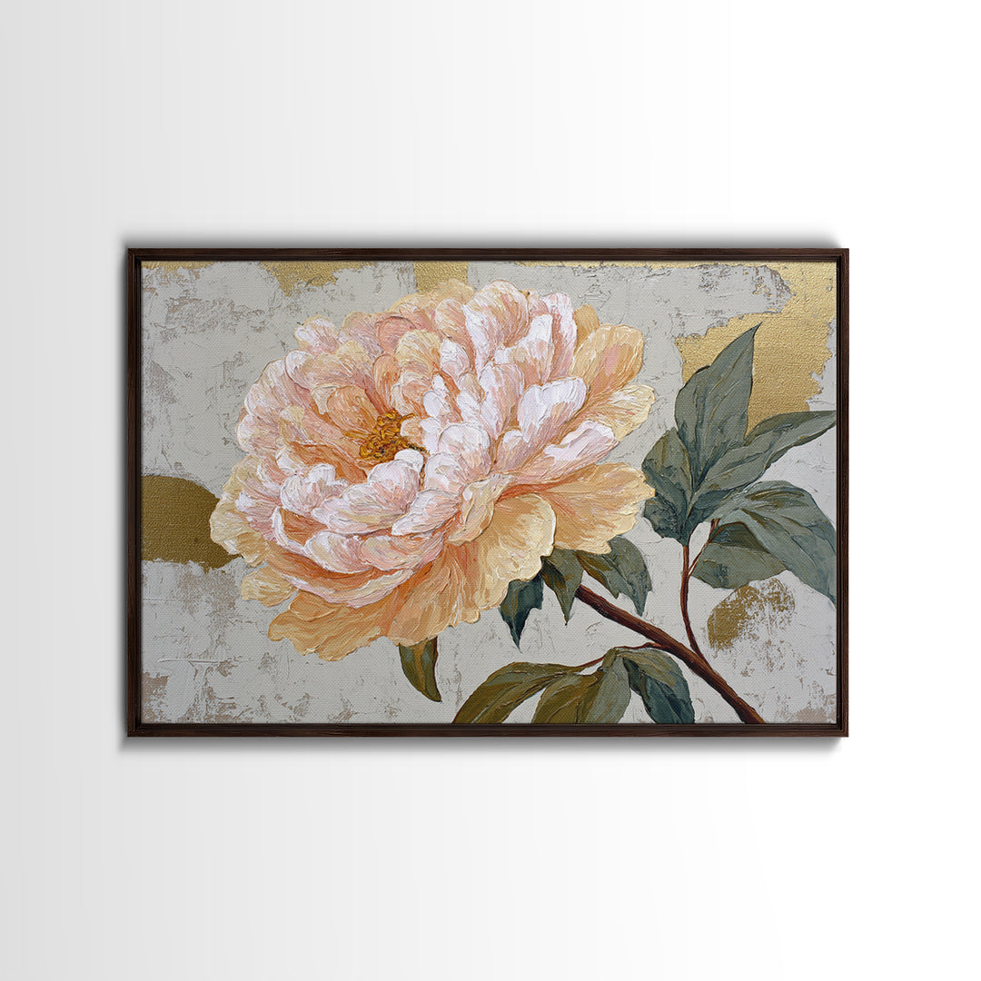 Romantic Oversized Peony Bloom on Warm Linen Framed Canvas Print, Above Bed Art, Boho Wall Decor, Bedroom Decor, Abstract Art, ABA-3x2-78