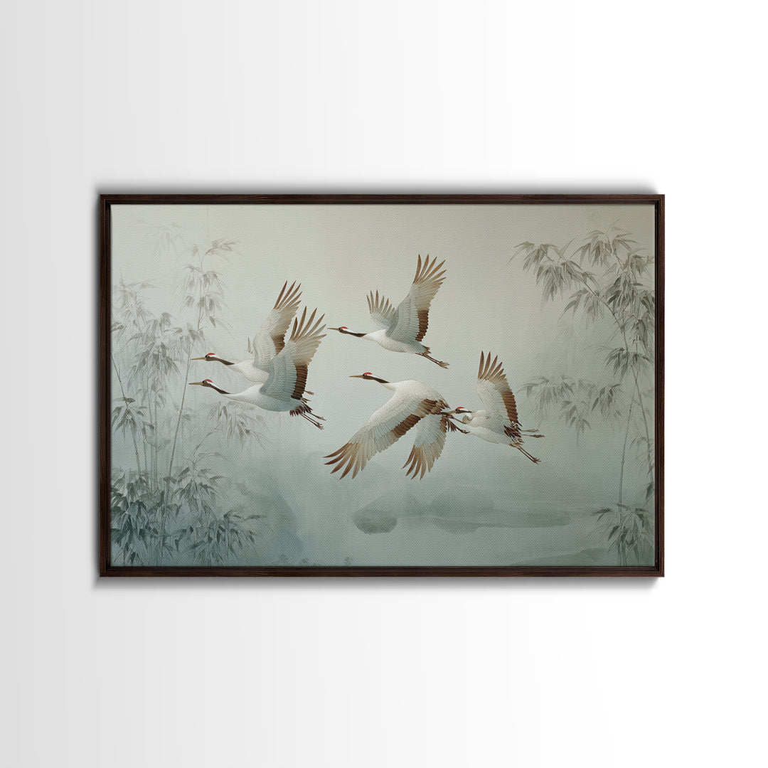 Ethereal Cranes Flying Through Pale Morning Mist Framed Canvas Print, Above Bed Art, Bedroom Wall Art, Bedroom Decor, Serenity, ABA-3x2-85
