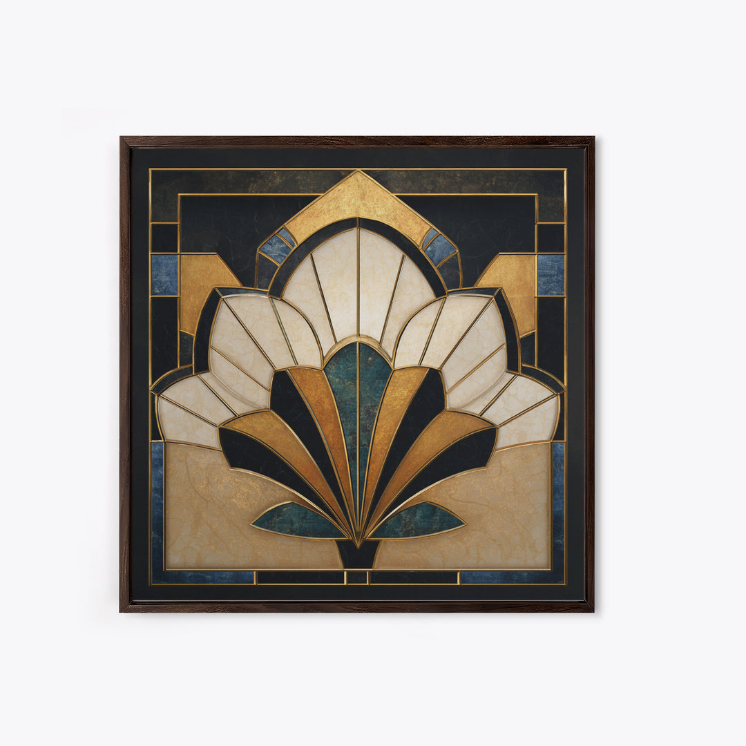 Geometric Lotus Flower Framed Canvas Print, Art Deco Art, Art, Living Room Decor, Oil Painting, Glamour, Art Nouveau, ADA-1x1-12