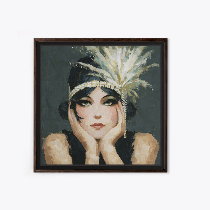 Flapper Portrait with Pearl Strands and Dramatic Framed Canvas Print, Art Deco Art, Gallery Decor, Living Room Decor, Glamour, ADA-1x1-38