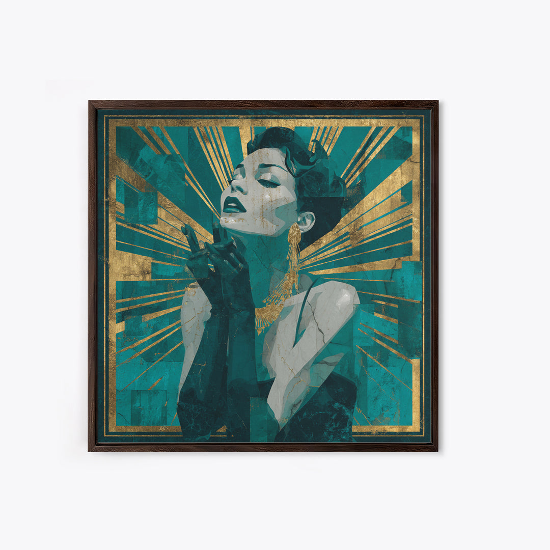 Moonlit Jazz Singer Framed by Gold Lines Canvas Print, Art Deco Art, Fine Art Print, Living Room Decor, Abstract Art, Glamour, ADA-1x1-95