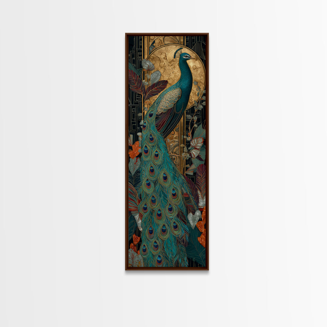 Emerald Peacock Feather Pattern Framed Canvas Print, Art Deco Art, Art Prints, Living Room Decor, Glamour, Apartment Decor, ADA-1x3-36