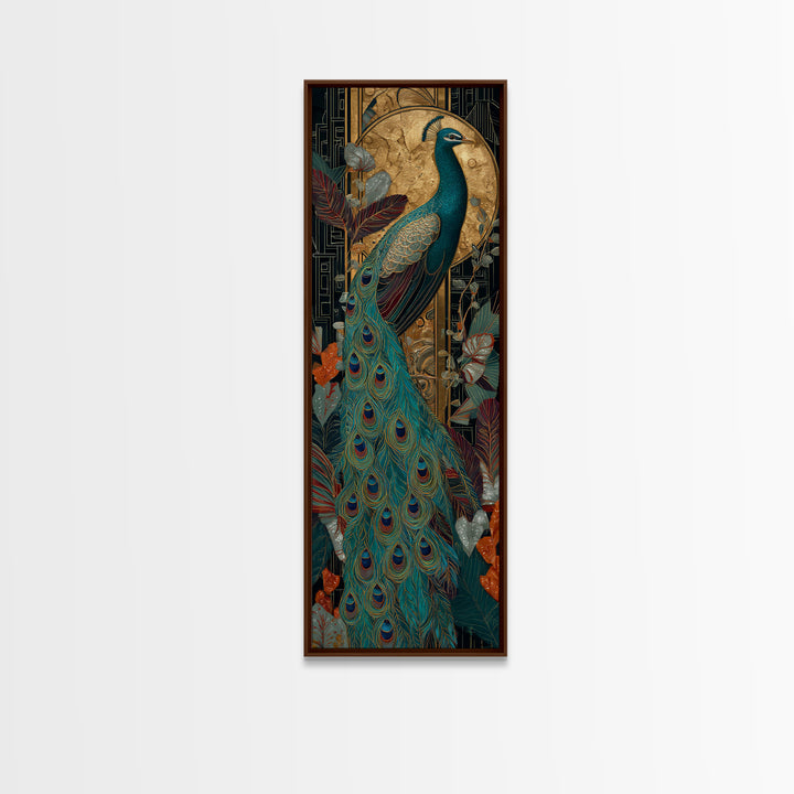 Emerald Peacock Feather Pattern Framed Canvas Print, Art Deco Art, Art Prints, Living Room Decor, Glamour, Apartment Decor, ADA-1x3-36
