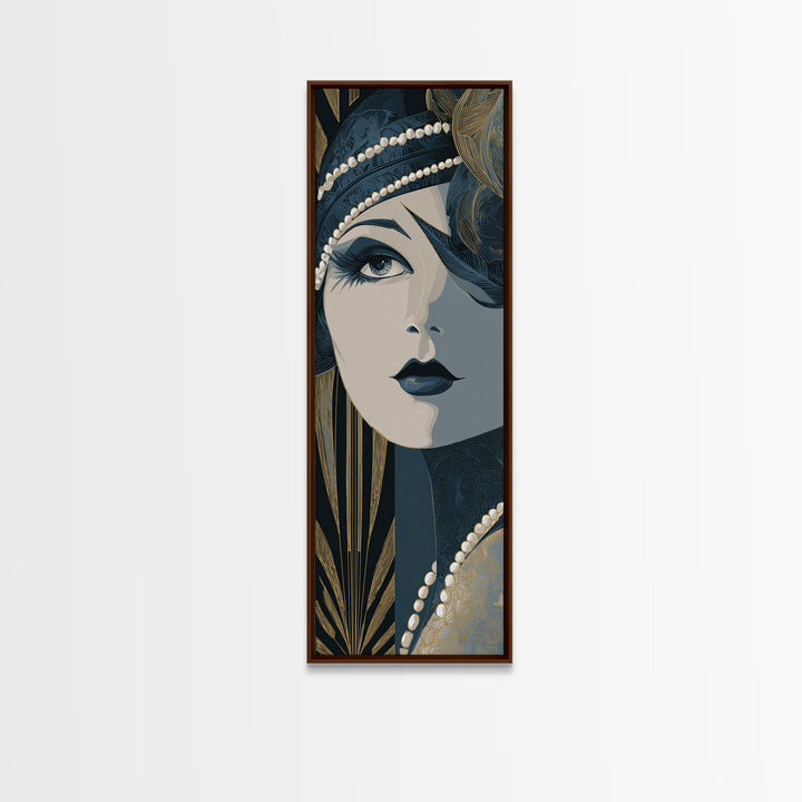 Flapper Portrait with Pearl Strands and Dramatic Canvas Print, Art Deco Art, Fine Art Print, Living Room Decor, Glamour, ADA-1x3-50