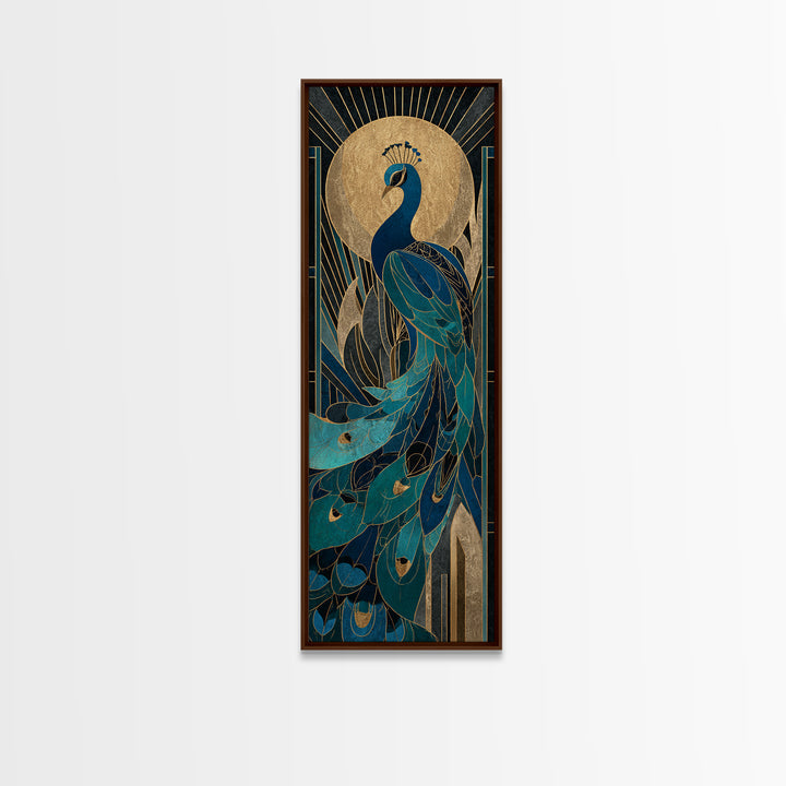 Sleek Peacock with Jeweled Feathers and Stepped Canvas Print, Art Deco Art, Blue Wallpaper, Living Room Decor, Abstract Art, ADA-1x3-63