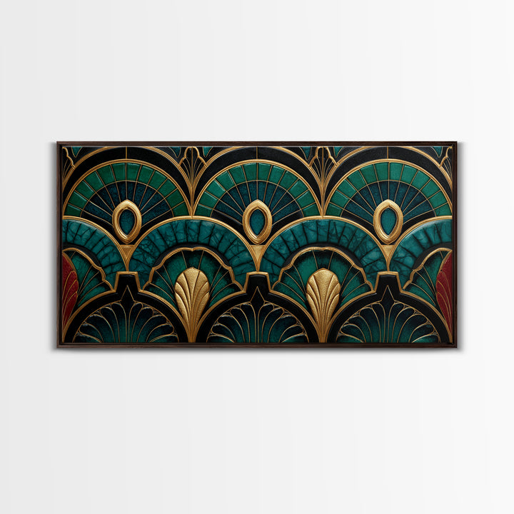 Emerald Peacock Feather Pattern Framed Canvas Print, Art Deco Art, Statement Artwork, Living Room Decor, Fine Art, Glamour, ADA-2x1-20