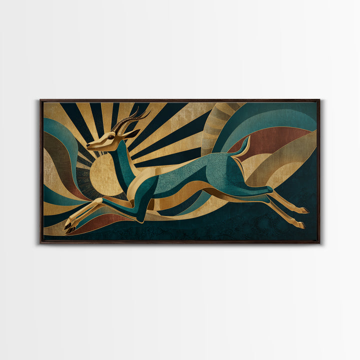 Stylized Gazelle Leaping Through Gold Rays Framed Canvas Print, Art Deco Art, Wall Decor, Living Room Decor, Fine Art, Glamour, ADA-2x1-33