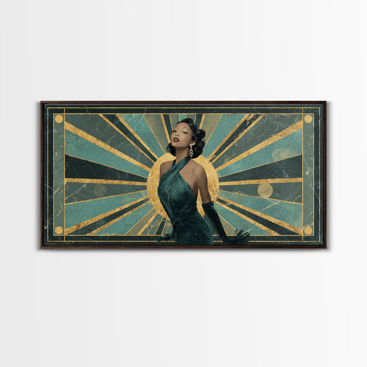 Moonlit Jazz Singer Framed by Gold Lines Framed Canvas Print, Art Deco Art, Digital Art, Living Room Decor, Fine Art, Glamour, ADA-2x1-43