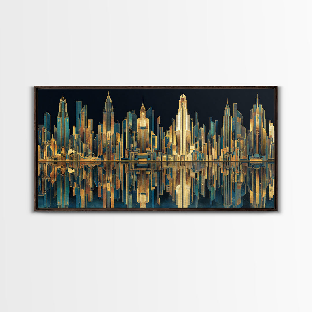Stylized City Skyline Framed Canvas Print, Art Deco Art, Art, Living Room Decor, Fine Art, Glamour, Art Nouveau, Abstract Art, ADA-2x1-50
