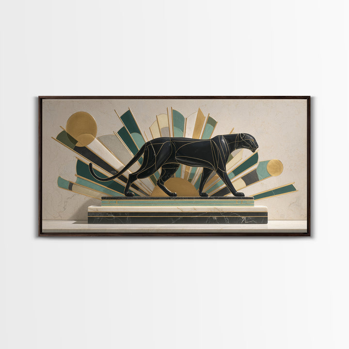 Black Panther Sculpture on a Marble Plinth Framed Canvas Print, Art Deco Art, Gallery Wall Art, Living Room Decor, Glamour, ADA-2x1-79
