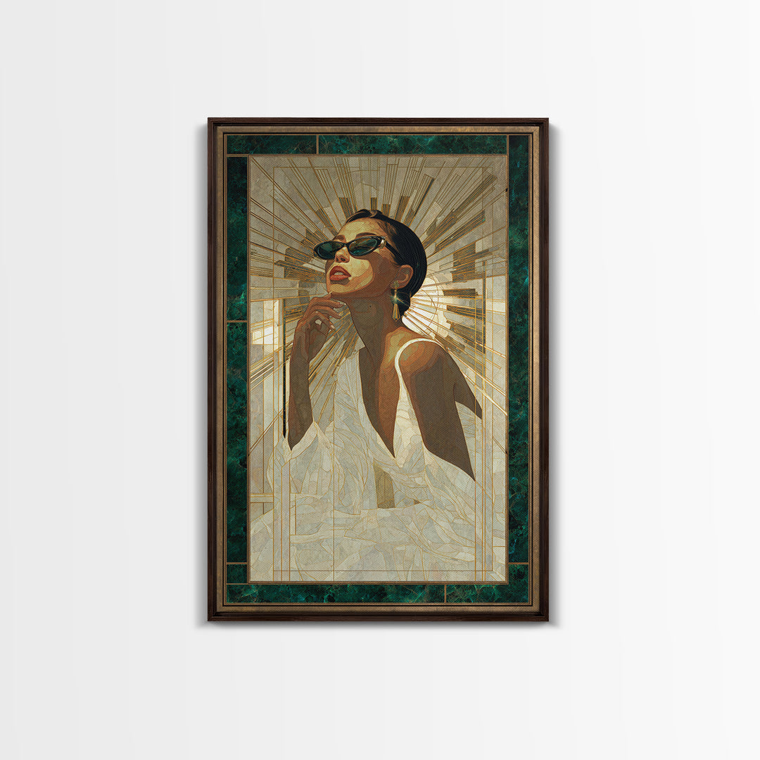 Moonlit Jazz Singer Framed by Gold Lines Canvas Print, Art Deco Art, Boho, Living Room Decor, Abstract Art, Glamour, ADA-2x3-79