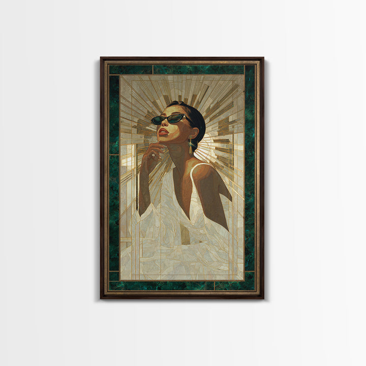 Moonlit Jazz Singer Framed by Gold Lines Canvas Print, Art Deco Art, Boho, Living Room Decor, Abstract Art, Glamour, ADA-2x3-79