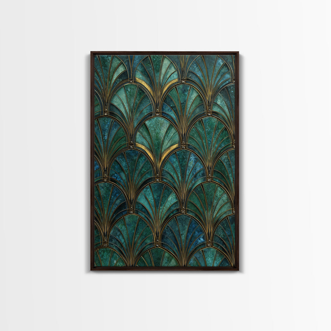 Emerald Peacock Feather Pattern Framed Canvas Print, Art Deco Art, Blue Wallpaper, Living Room Decor, Oil Painting, Glamour, ADA-2x3-8