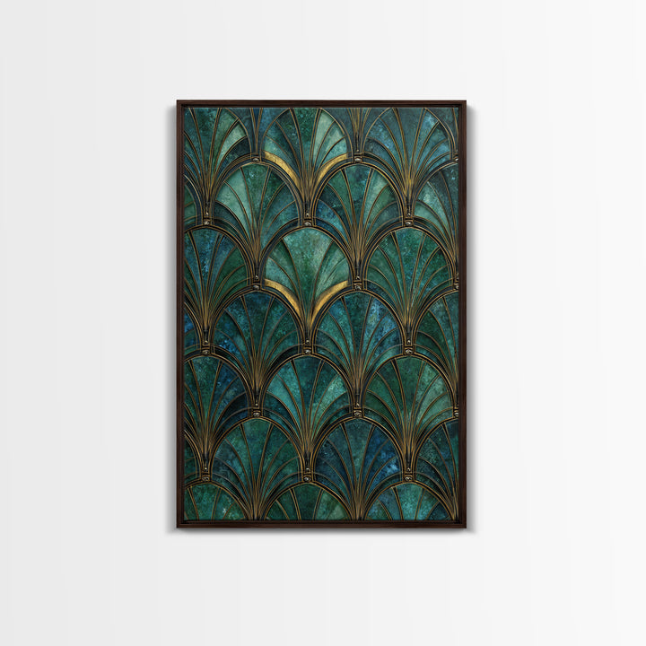 Emerald Peacock Feather Pattern Framed Canvas Print, Art Deco Art, Blue Wallpaper, Living Room Decor, Oil Painting, Glamour, ADA-2x3-8