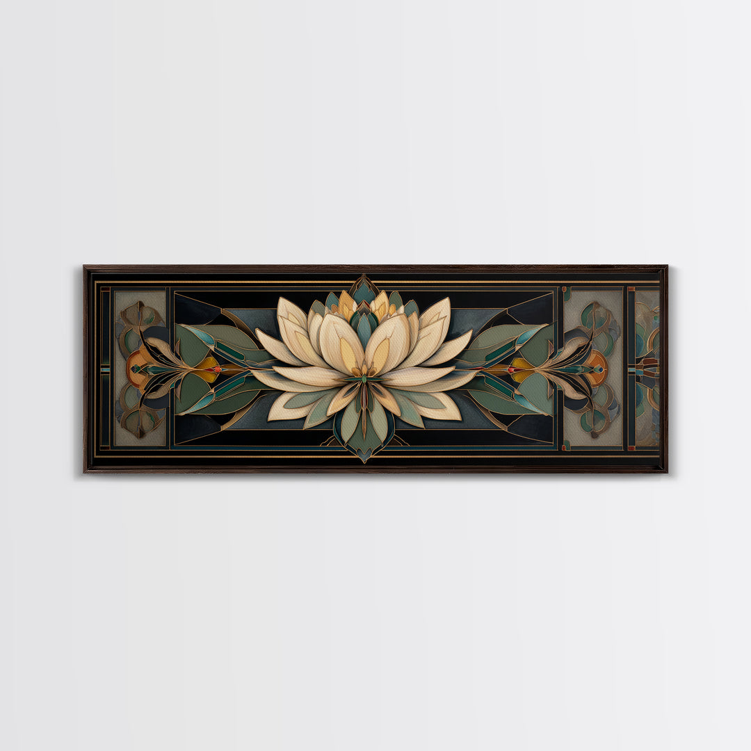 Geometric Lotus Flower Framed Canvas Print, Art Deco Art, Blue Wallpaper, Living Room Decor, Watercolor Art, Glamour, ADA-3x1-28