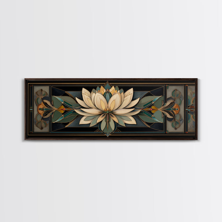 Geometric Lotus Flower Framed Canvas Print, Art Deco Art, Blue Wallpaper, Living Room Decor, Watercolor Art, Glamour, ADA-3x1-28