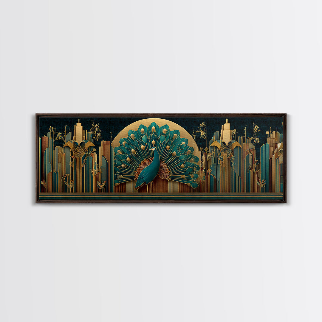 Sleek Peacock with Jeweled Feathers and Stepped Canvas Print, Art Deco Art, Living Room Decor, Abstract Art, Glamour, ADA-3x1-43