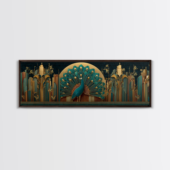 Sleek Peacock with Jeweled Feathers and Stepped Canvas Print, Art Deco Art, Living Room Decor, Abstract Art, Glamour, ADA-3x1-43