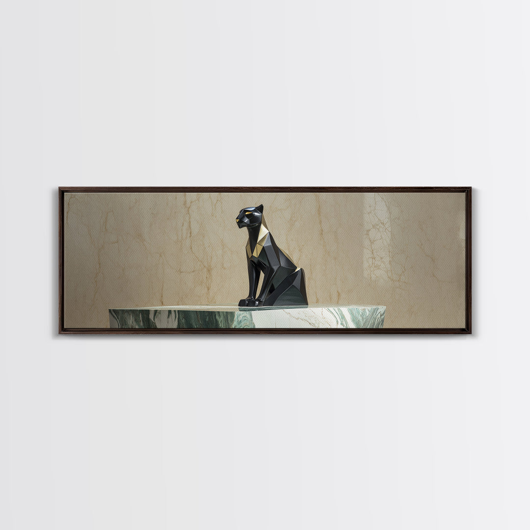 Black Panther Sculpture on a Marble Plinth Framed Canvas Print, Art Deco Art, Digital Art, Living Room Decor, Fine Art, Glamour, ADA-3x1-51
