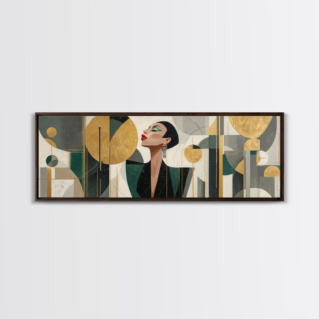 Moonlit Jazz Singer Framed by Gold Lines Framed Canvas Print, Art Deco Art, Living Room Decor, Abstract Art, Glamour, ADA-3x1-63