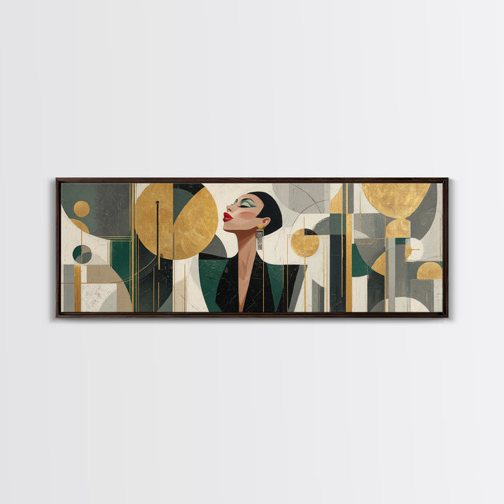 Moonlit Jazz Singer Framed by Gold Lines Framed Canvas Print, Art Deco Art, Living Room Decor, Abstract Art, Glamour, ADA-3x1-63