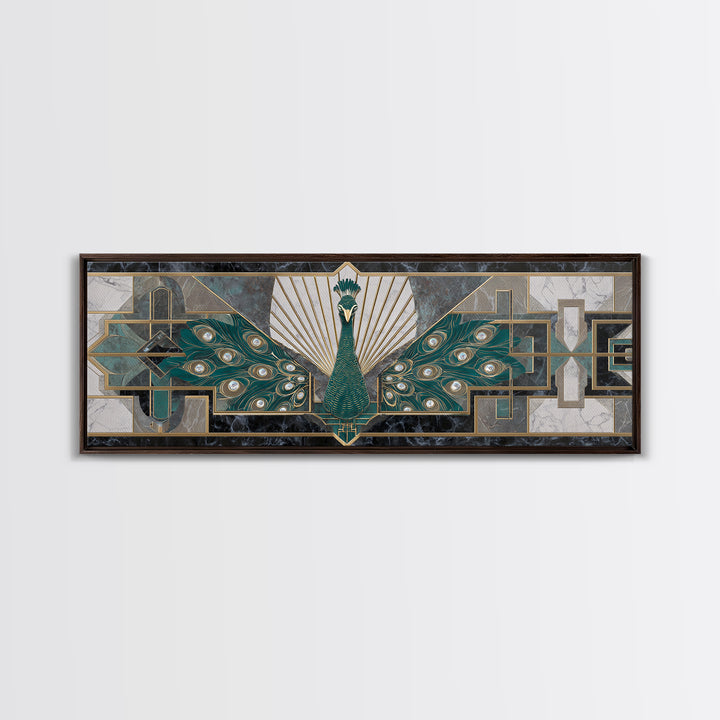 Sleek Peacock with Jeweled Feathers and Stepped Canvas Print, Art Deco Art, Mid Century Modern, Living Room Decor, Glamour, ADA-3x1-67