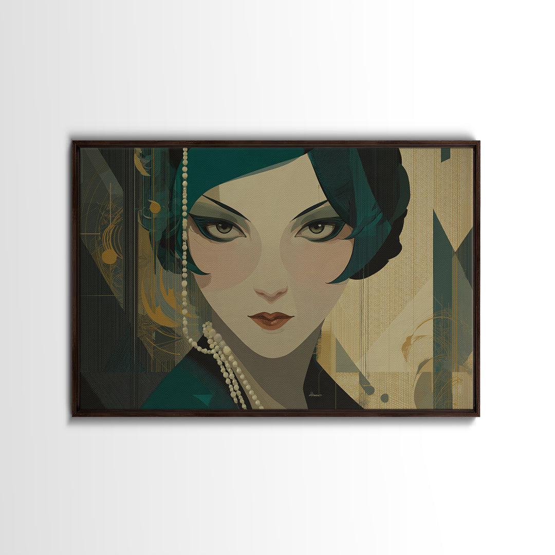 Flapper Portrait with Pearl Strands and Dramatic Canvas Print, Art Deco Art, Printable Art, Living Room Decor, Oil Painting, ADA-3x2-42