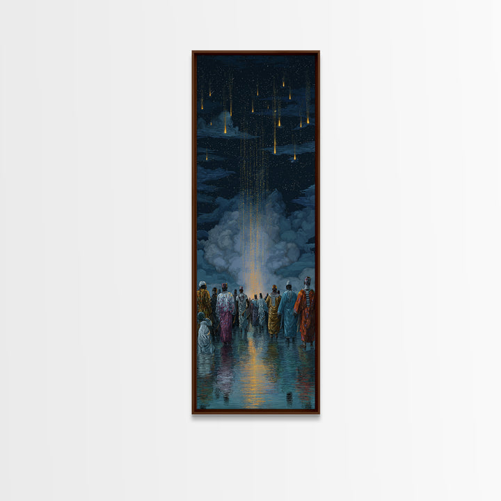 Robed Figures Watching Golden Light Rain From Clouds, Wall Art, Spiritual African Canvas Print, Mystical Home Decor Gift