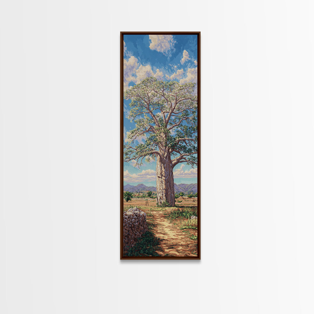 Sunlit Baobab Tree Landscape, African Wall Art, Safari Decor, Nature Scene Art, Blue Sky Framed Canvas Print Gift For Living Room
