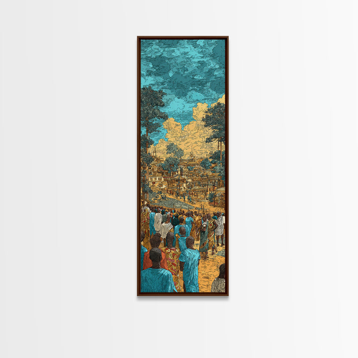 Bustling African Village Market, African Wall Art, Cultural Decor, West Africa Art, Turquoise Canvas Print Home Decor Gift
