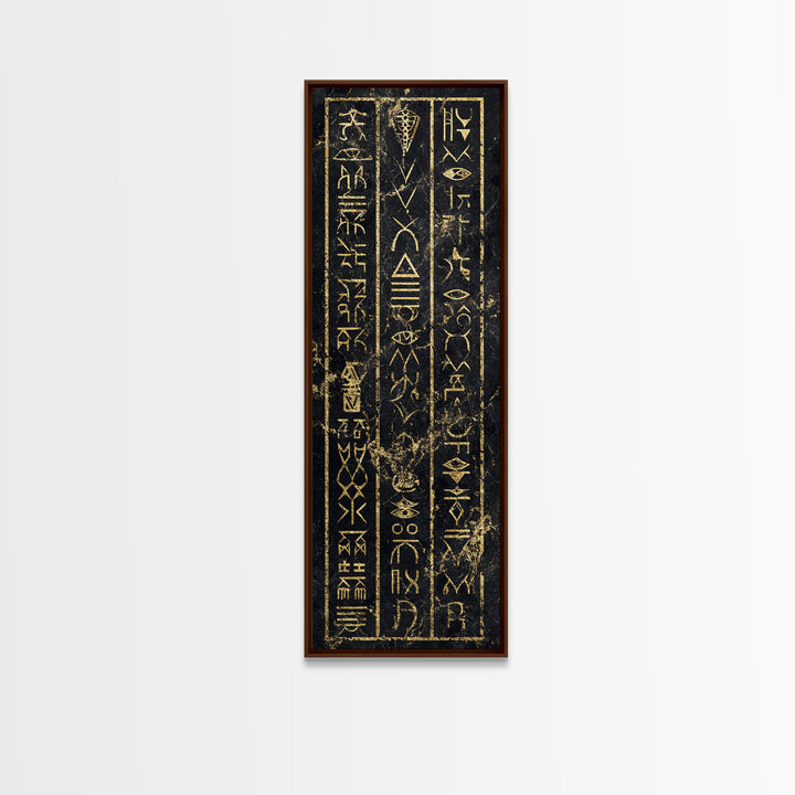 Gold Ancient African Glyphs On Black Wall Art, Tribal Hieroglyphic Canvas, Afrocentric Decor, Cultural Home Decor Gift For Living Room