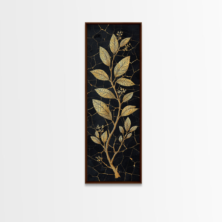 Gold Botanical Branch On Cracked Black Stone Wall Art, Luxury Canvas Print, Elegant Home Decor, Nature Artwork Gift For Living Room
