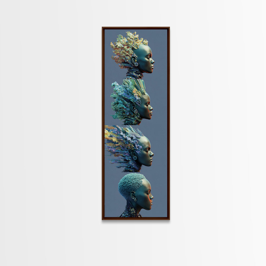 Four Blue African Women In Profile With Floral Hair Framed Canvas Print, Afrocentric Wall Art, Black Beauty Portrait Decor