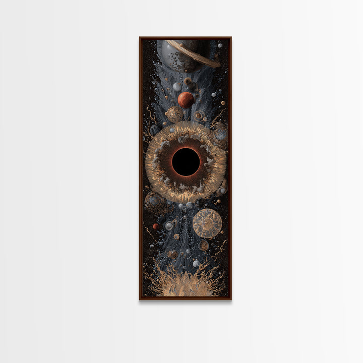 Cosmic Black Hole With Gold Planets And Textured Orbit Canvas Print, Abstract Wall Art, Modern Space Decor, Luxury Art Gift