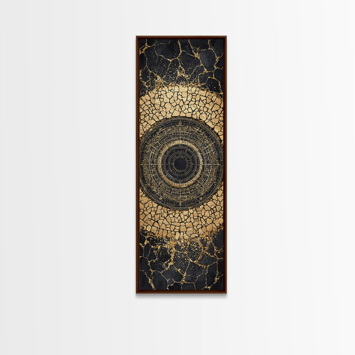 Cracked Gold Circular Mandala On Black Stone Wall Art, Geometric Canvas Print, African Inspired Decor, Bold Statement Gift