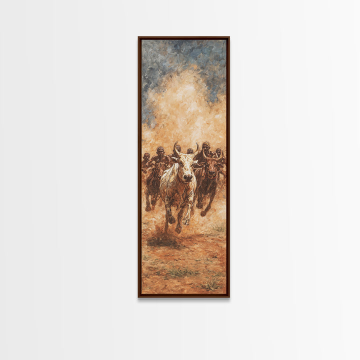 Dusty African Cattle Charge With Warriors Wall Art, Afrocentric Safari Painting, Tribal Culture Decor, Large Canvas Print
