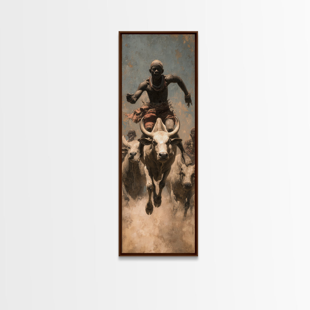 African Bull Rider Herding Cattle Framed Canvas Print, Warrior Portrait Wall Art, Afrocentric Safari Decor, Rustic Home Gift