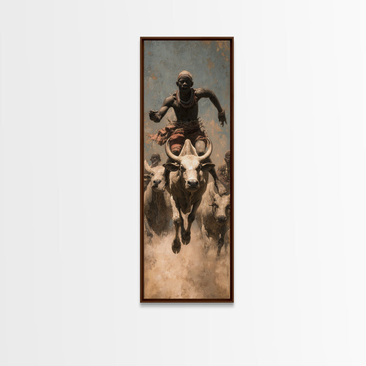 African Bull Rider Herding Cattle Framed Canvas Print, Warrior Portrait Wall Art, Afrocentric Safari Decor, Rustic Home Gift