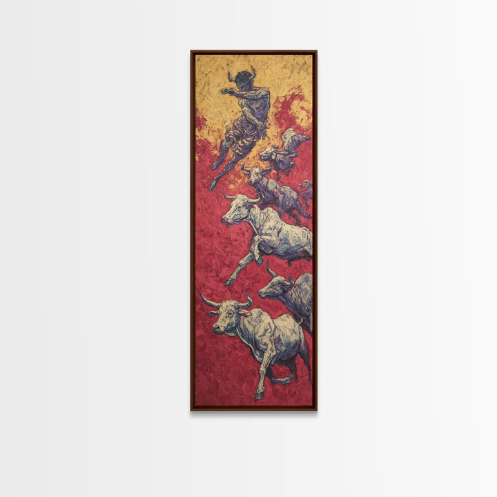 Leaping Bull Rider Over White Cattle Wall Art, African Warrior Art Canvas Print, Red Ochre Safari Decor, Bold Ethnic Gift
