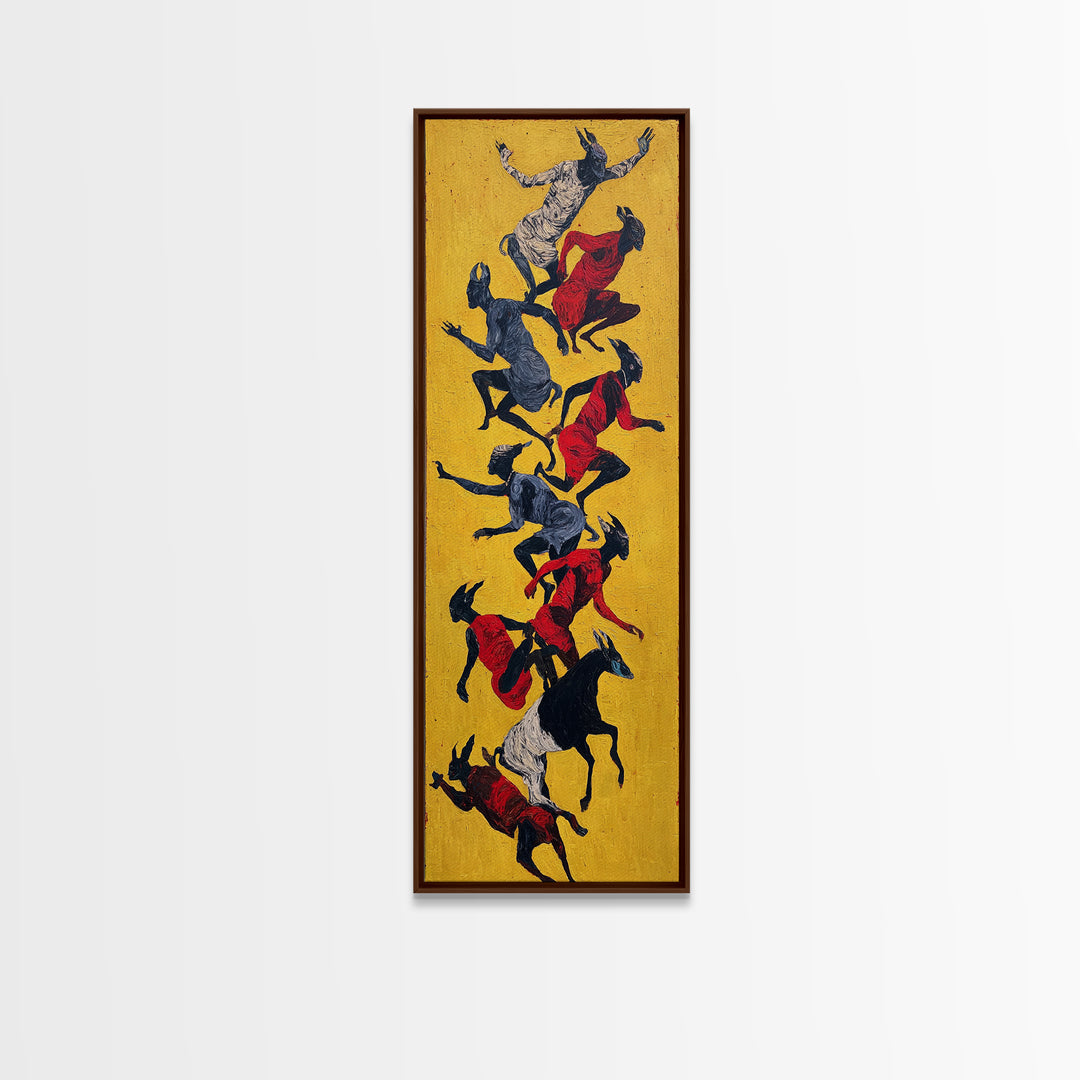 Yellow Abstract Dancers And Goats Canvas Print, African Tribal Art Wall Art, Red Black Ethnic Decor, Modern Culture Gift