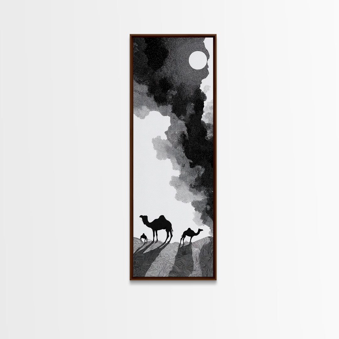 Black And White Desert Camels Under Sun Wall Art, African Landscape Canvas Print, Minimalist Safari Decor, Boho Travel Gift