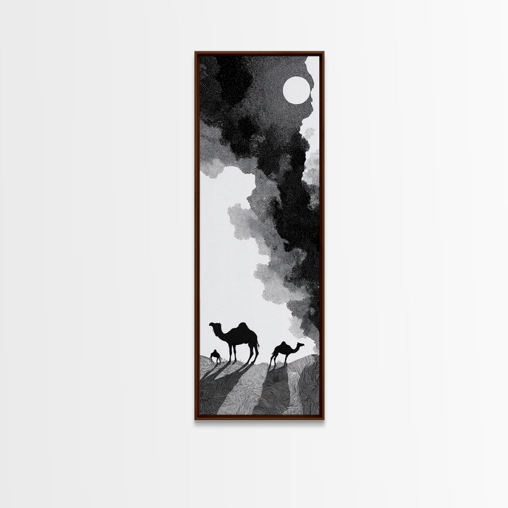 Black And White Desert Camels Under Sun Wall Art, African Landscape Canvas Print, Minimalist Safari Decor, Boho Travel Gift