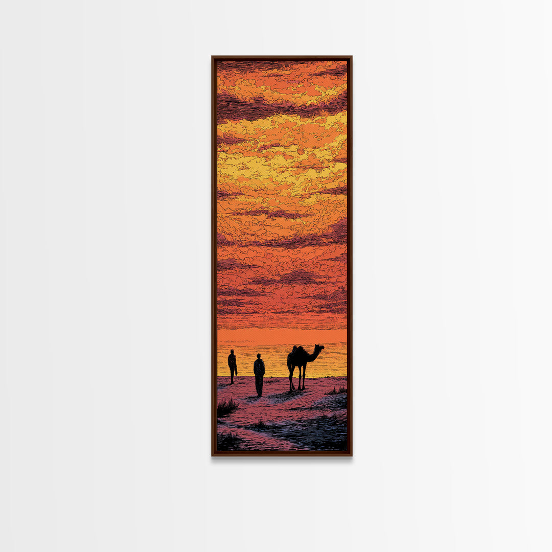 Orange Sahara Sunset With Camel Silhouettes Canvas Print, African Landscape Wall Art, Desert Travel Decor, Warm Boho Gift