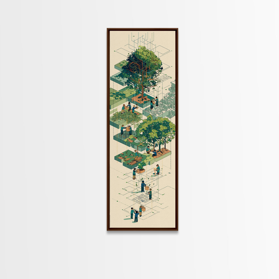 Isometric Urban Garden And Big Tree Wall Art, Community Park Illustration, Modern Green Home Decor, Unique Canvas Gift For Office