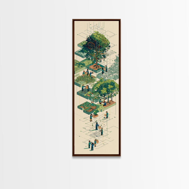 Isometric Urban Garden And Big Tree Wall Art, Community Park Illustration, Modern Green Home Decor, Unique Canvas Gift For Office