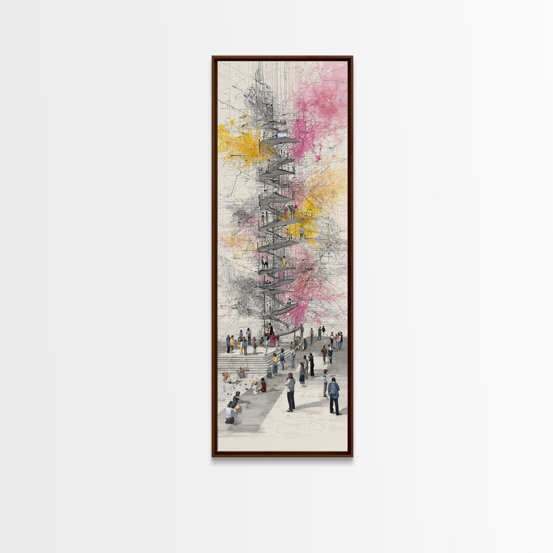 Spiral Tower In Blooming City Framed Canvas Print, Architectural Wall Art, Urban People Scene, Modern Office Decor Gift For Him