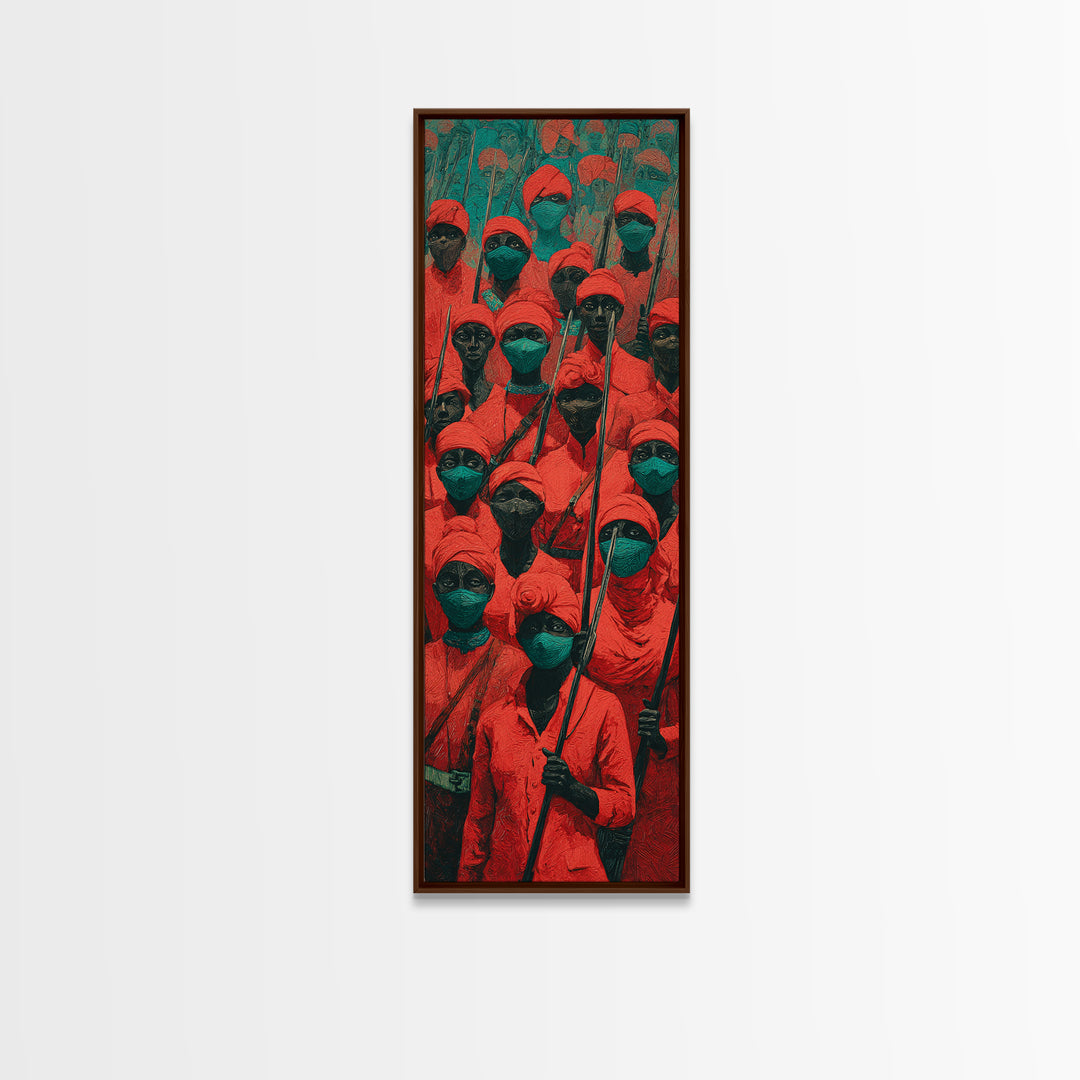 Red Hooded Spear Bearers Procession Wall Art, African Warrior Art, Tribal Decor, Cultural Wall Decor, Bold Canvas Print Gift