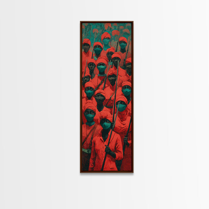 Red Hooded Spear Bearers Procession Wall Art, African Warrior Art, Tribal Decor, Cultural Wall Decor, Bold Canvas Print Gift