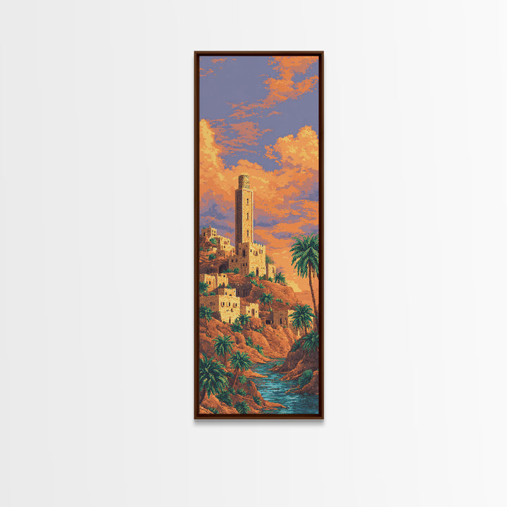 Sunset Desert Tower Oasis Canvas Print, African Landscape Wall Decor, Moroccan Travel Poster, Palm Tree Boho Home Decor Gift